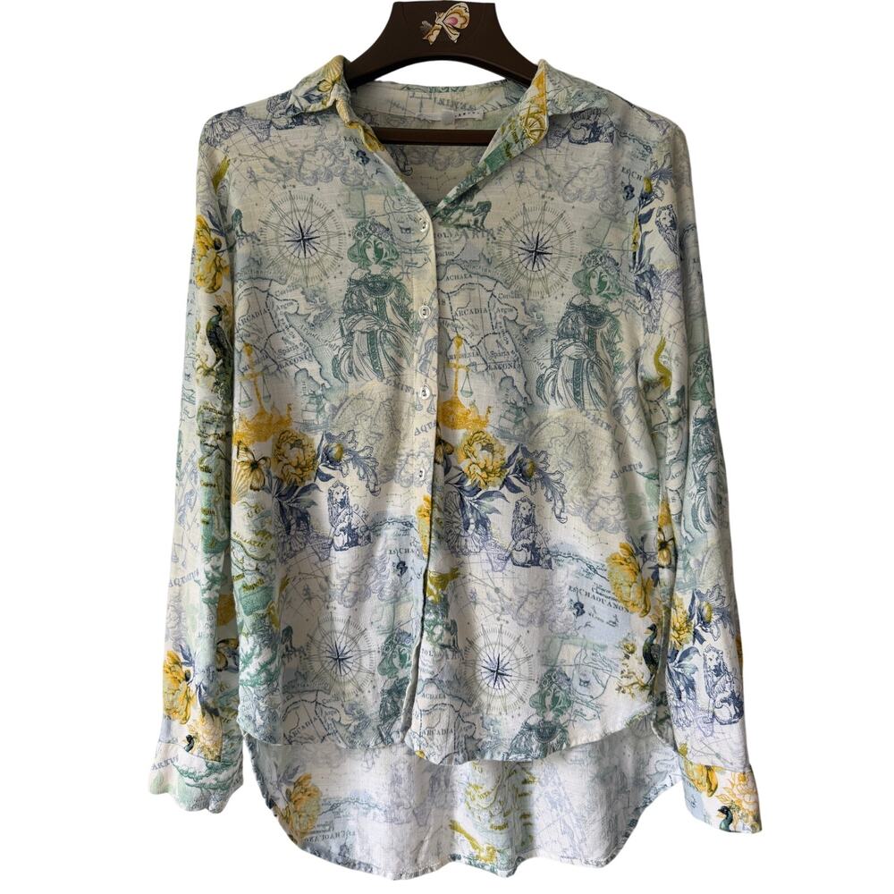 Women’s Nautical Blue Green Greece Map Print Coastal Travel Button Down Small